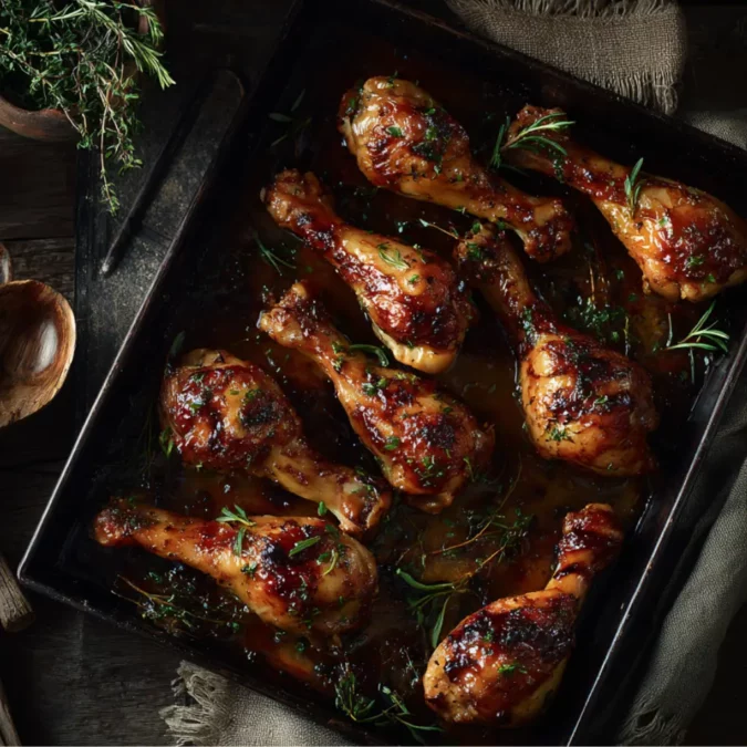Oven-baked Maple Dijon Glazed Drumsticks garnished with herbs