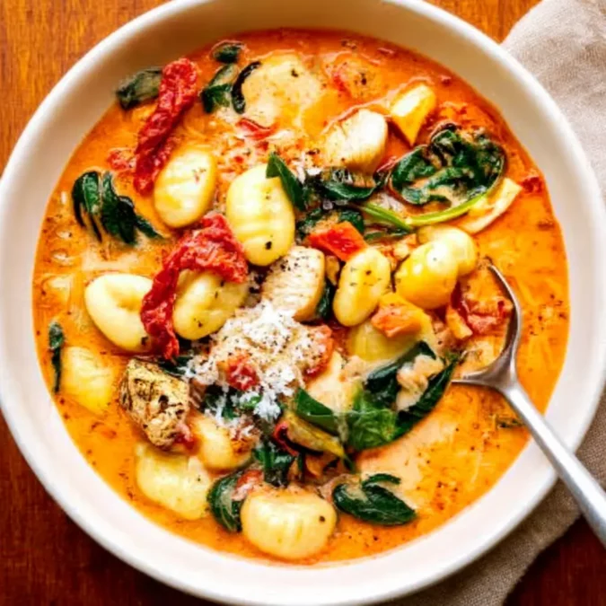 Marry Me Chicken Gnocchi Soup served with bread