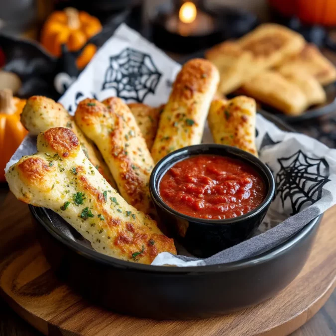 Halloween garlic parmesan breadsticks with marinara