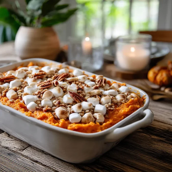 Sweet potato casserole with marshmallows and pecans in a white baking dish