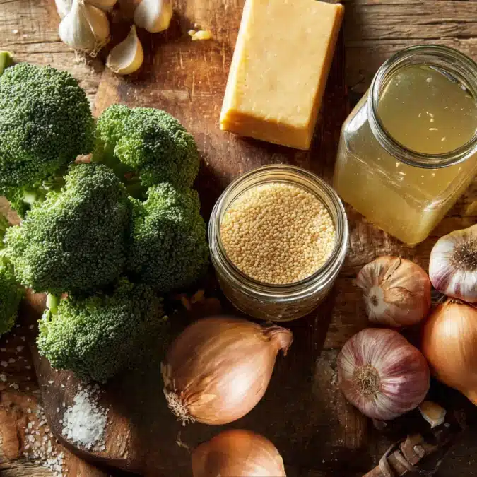 Ingredients for broccoli cheddar soup pastina on table