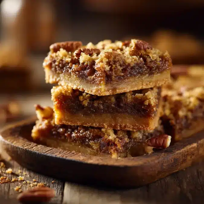 Close-up of pecan pie bar cookies stacked on a wooden plate
