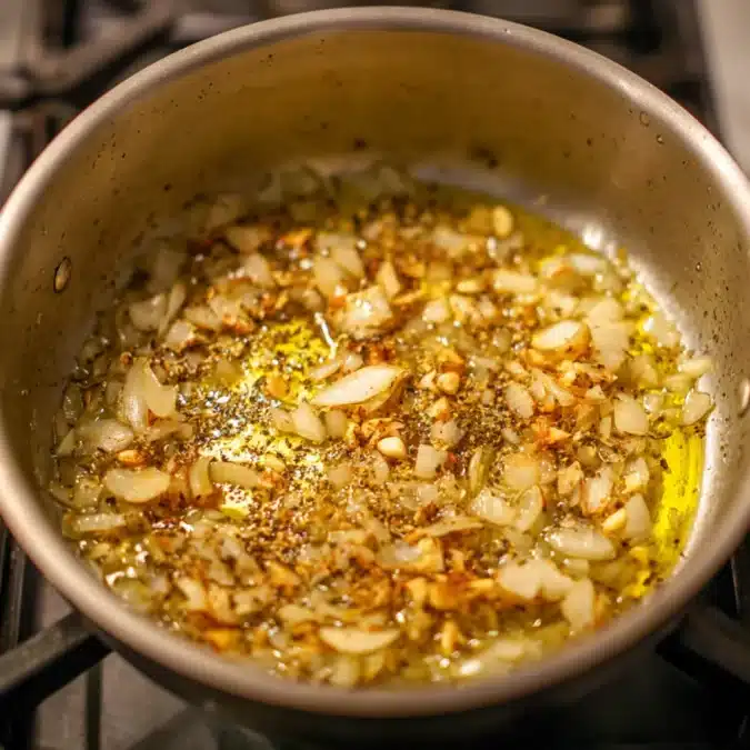 Sautéing onions and garlic for broccoli cheddar soup