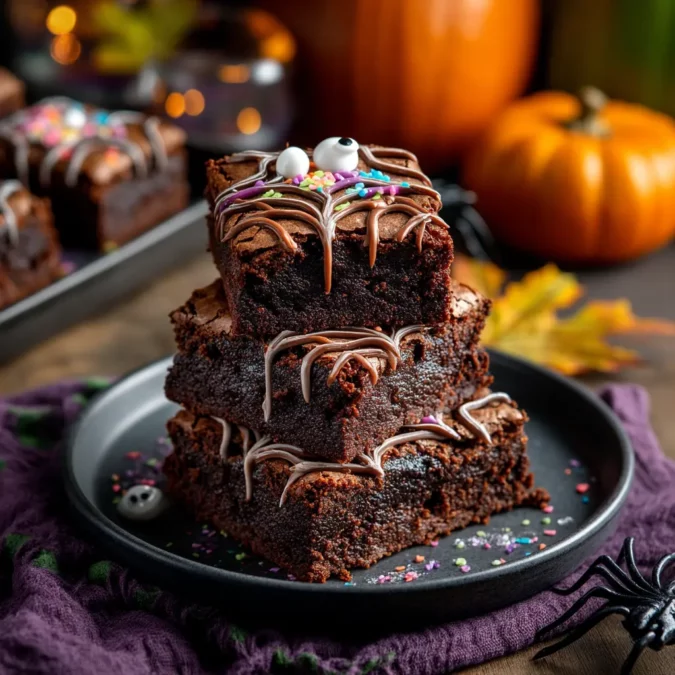 Halloween brownies stacked on a plate