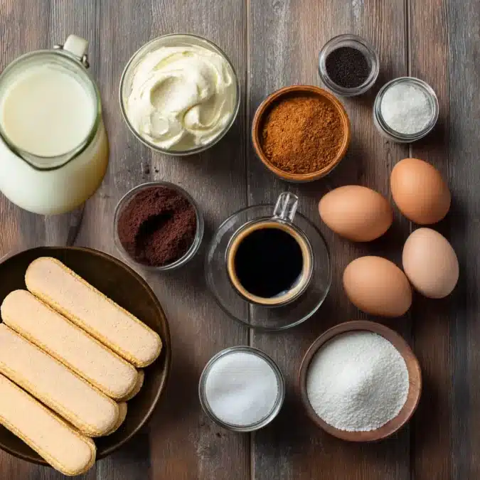 Flat lay of ingredients for mini tiramisu cake