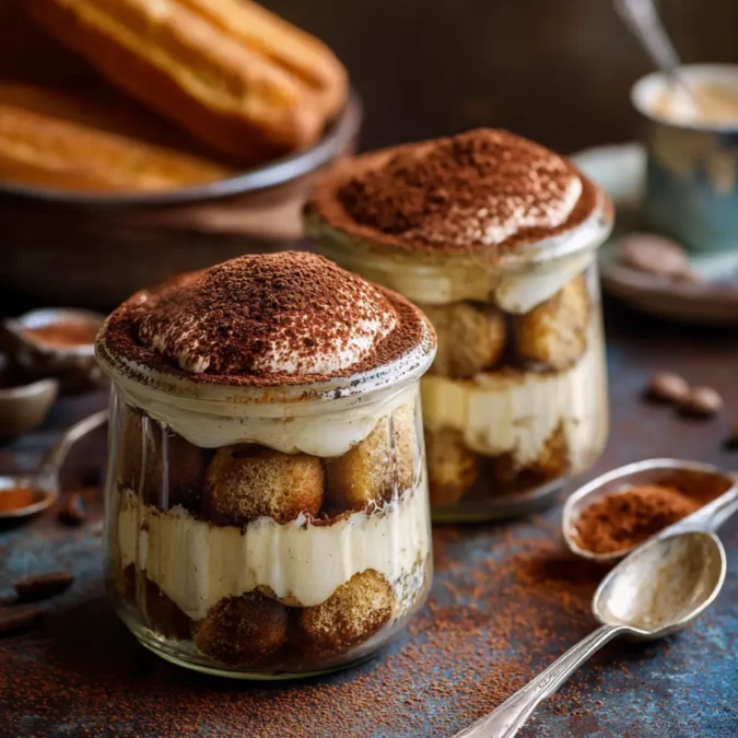 Mini tiramisu assembled in glass jars with cocoa