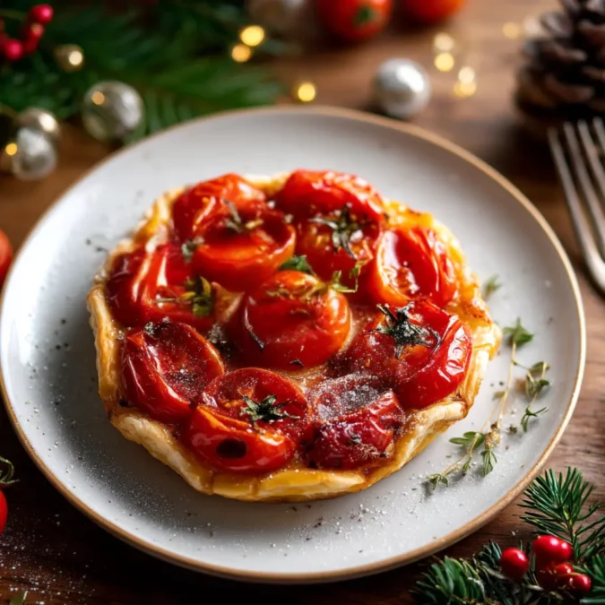 mini tomato tarte tatin on white plate with herbs