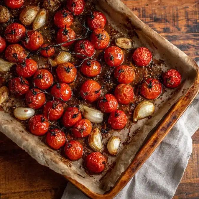 Roasted tomatoes and garlic on baking tray