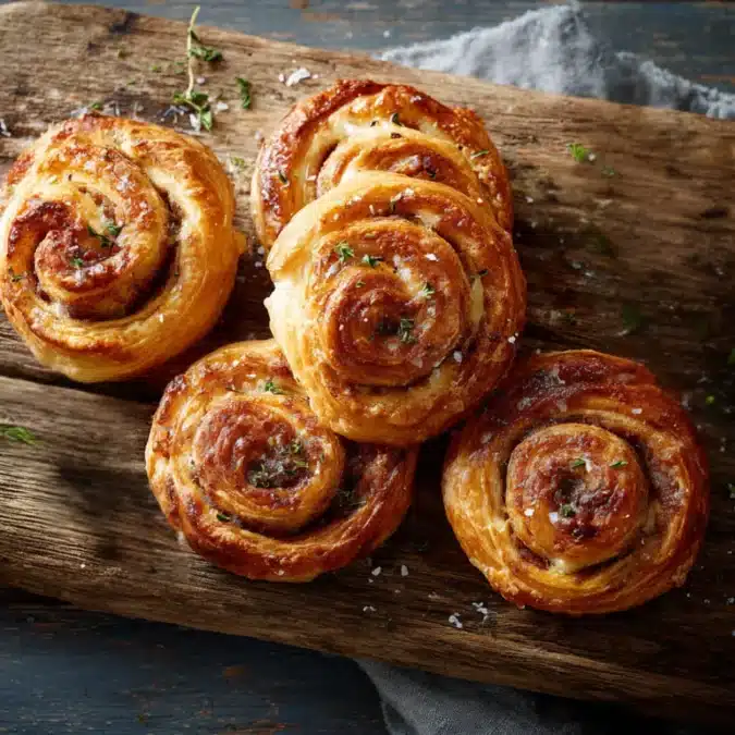 Close-up of flaky baked sausage swirl