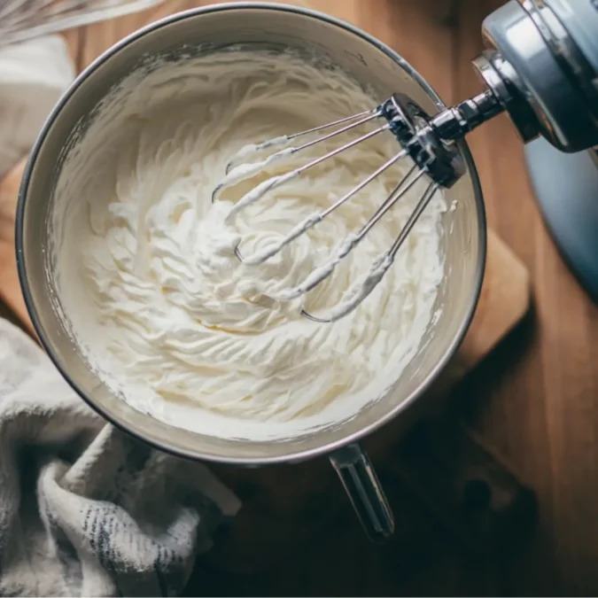 Whipped mascarpone and cream in a mixing bowl