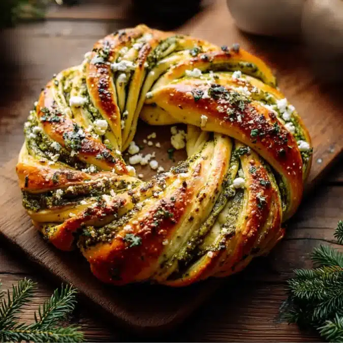 Freshly baked feta and pesto pastry wreath on a cutting board