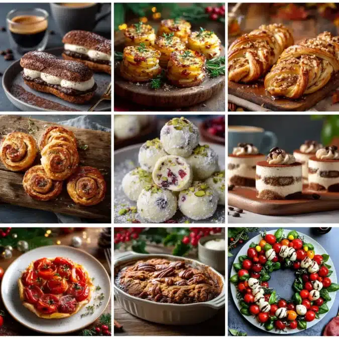 Christmas Eve appetizers including pastries, truffles, and savory bites in a festive photo collage