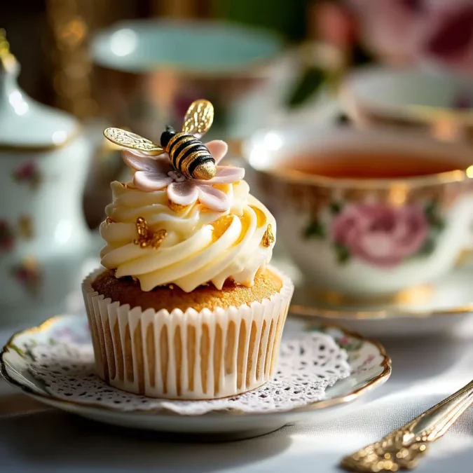 honey bee cupcake topped with fondant bee next to vintage teacup