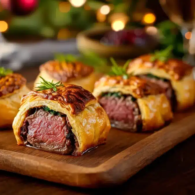 mini beef wellington served on holiday wooden board