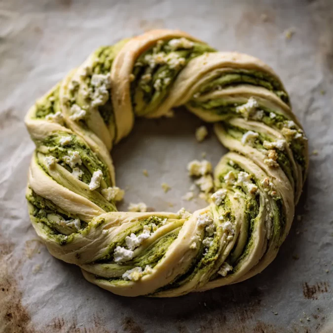 Uncooked feta and pesto pastry wreath shaped on a tray