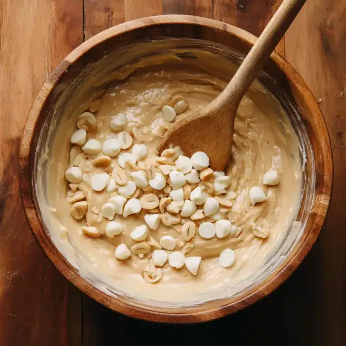 Blondie batter with white chocolate and macadamias