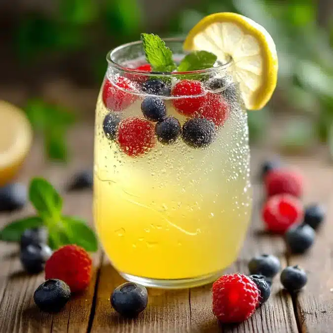 Homemade sports drink with mixed berries and citrus in a glass
