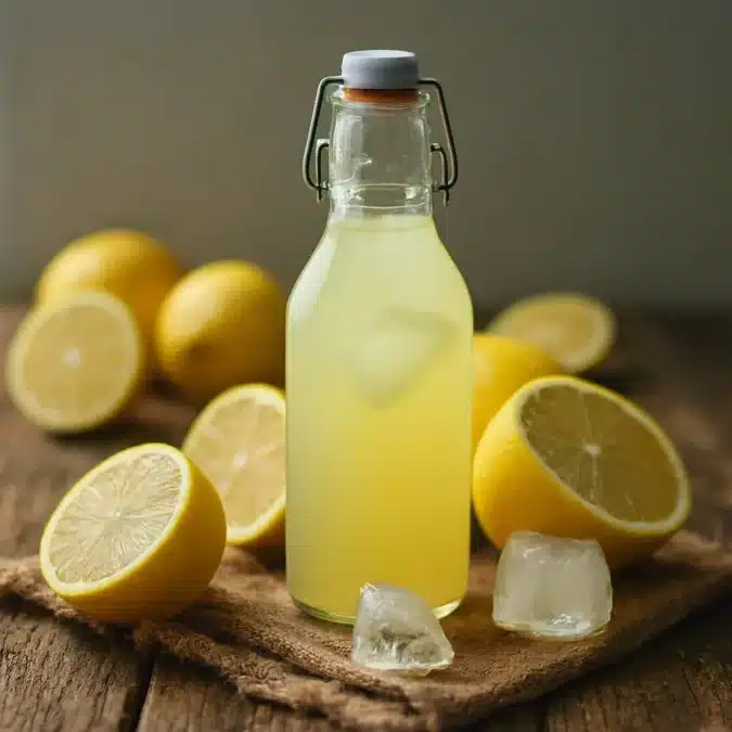 Homemade lemon sports drink in a glass bottle with ice and fresh lemons
