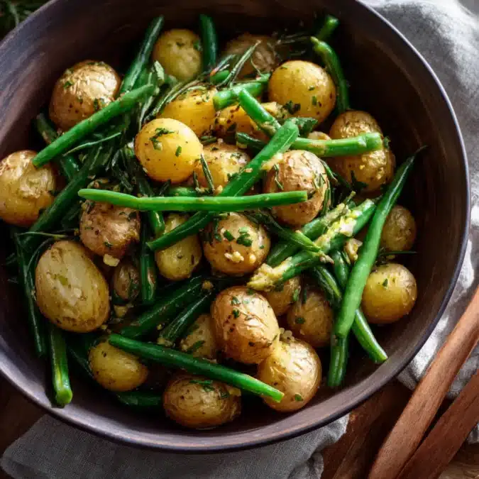 Baked potato and green bean salad served