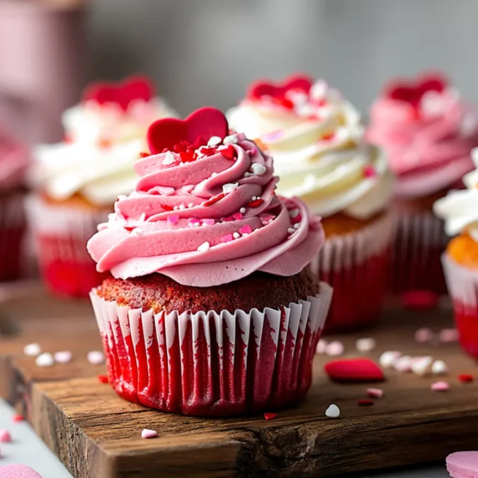 Valentines Day cupcake red velvet cupcakes on rustic wooden board