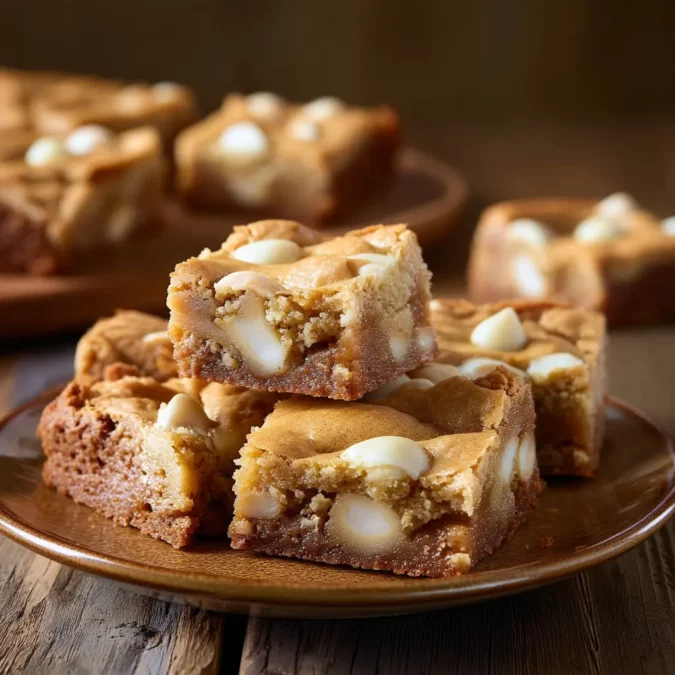 White chocolate macadamia blondies stacked on a brown plate