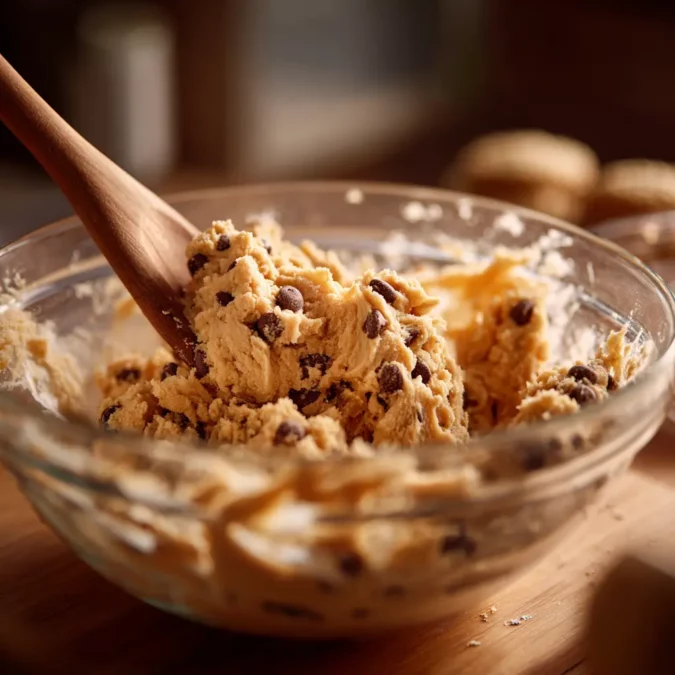 Thick chocolate chip cookie dough being mixed for scoopable cookie pie