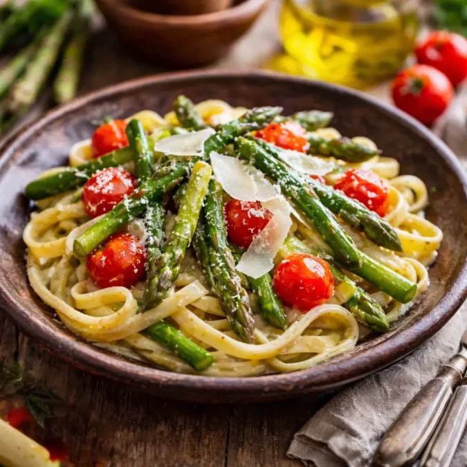 creamy pasta topped with asparagus and cherry tomatoes