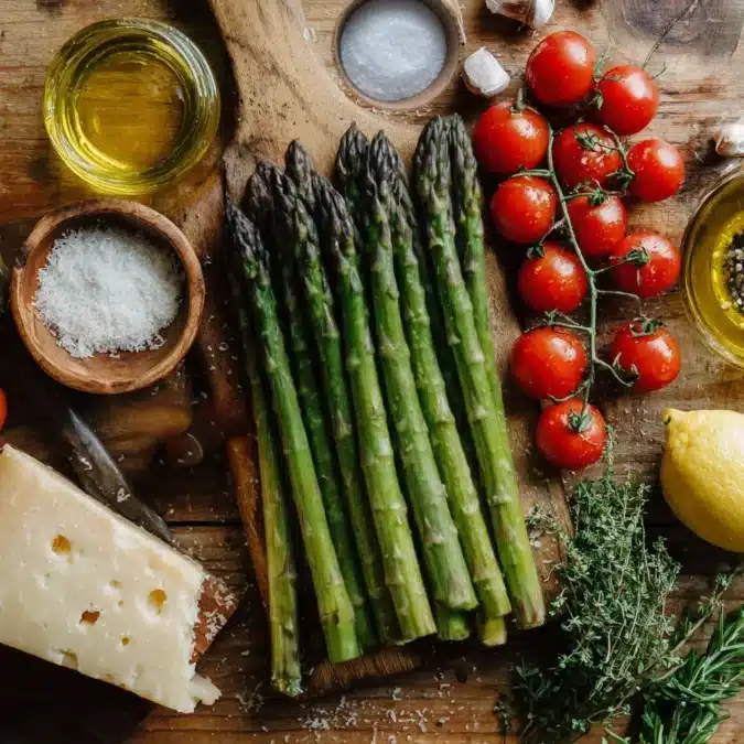 ingredients for asparagus salad including fresh asparagus, cherry tomatoes, parmesan and olive oil