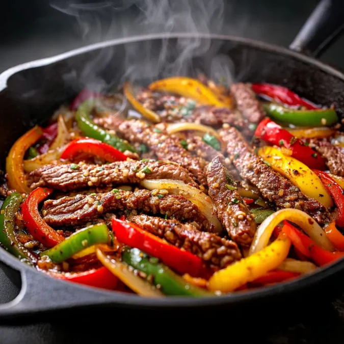 cooking steak for 7 spice cheese steak in skillet