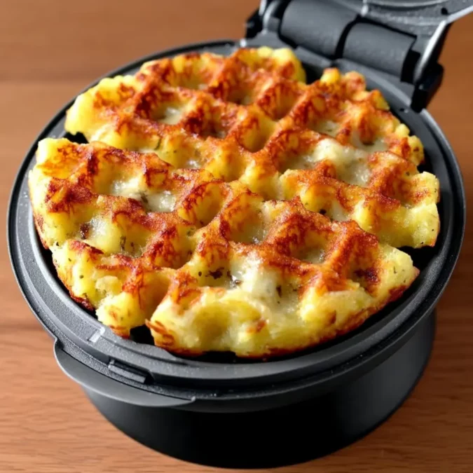 cooking mashed potato waffles in waffle iron