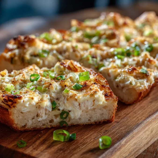 Crab rangoon garlic bread baked with creamy crab topping and green onions