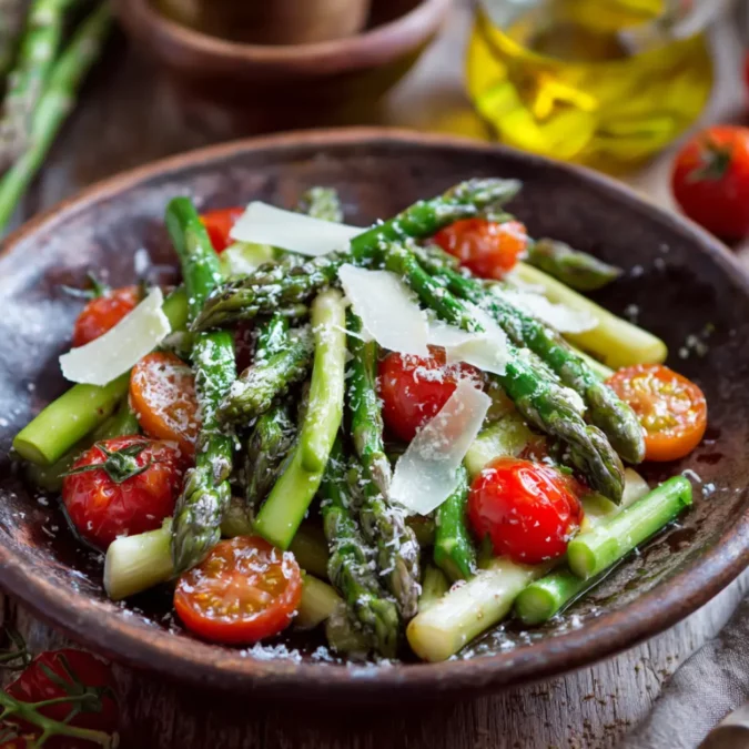close up of asparagus salad with parmesan and cherry tomatoes