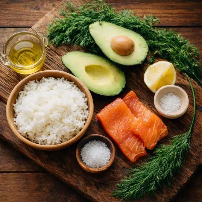 Ingredients for Giant Crispy Rice Cracker with Salmon and Avocado