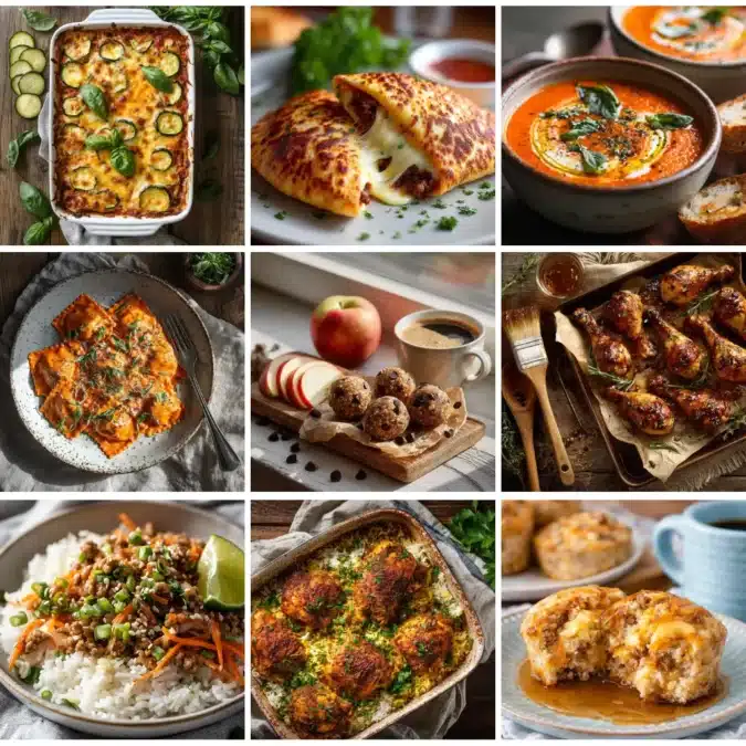Healthy freezer meals recipes including zucchini lasagna, cheesy beef pockets, tomato soup, ravioli pasta, chicken drumsticks, and breakfast muffins
