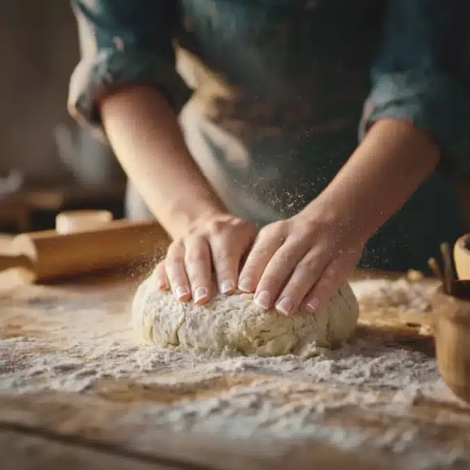 kneading dough for Italian Easter bread on floured surface