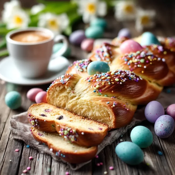 sliced Italian Easter bread served at Easter brunch with coffee