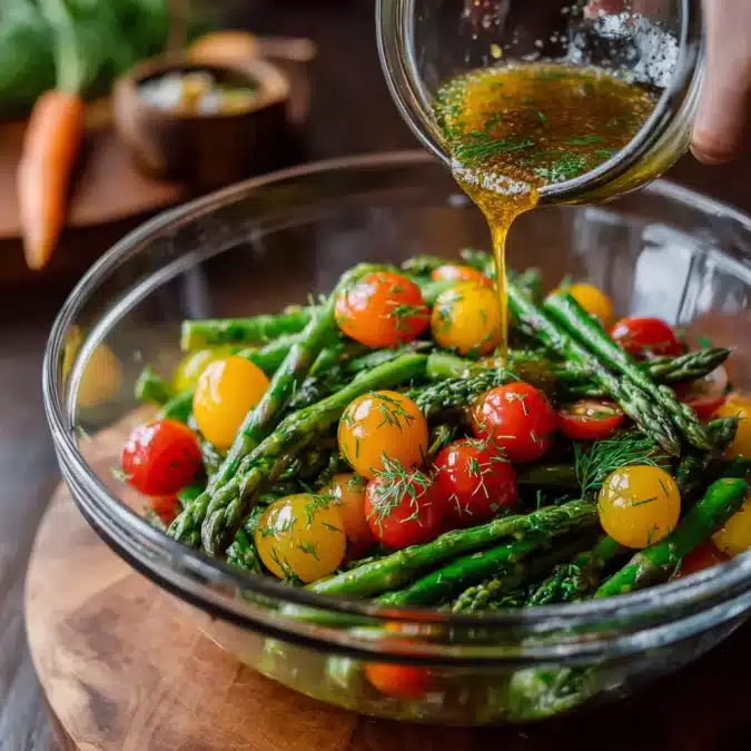 mixing asparagus salad with cherry tomatoes and vinaigrette dressing